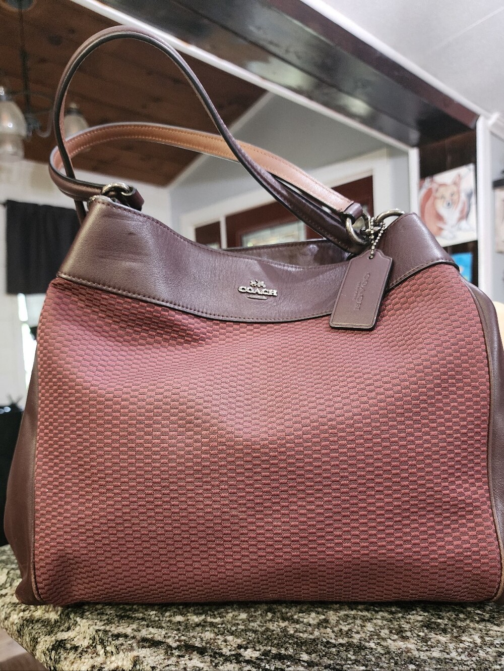 Coach lexy oxblood jacquard and leather shoulder bag purse with hangtag